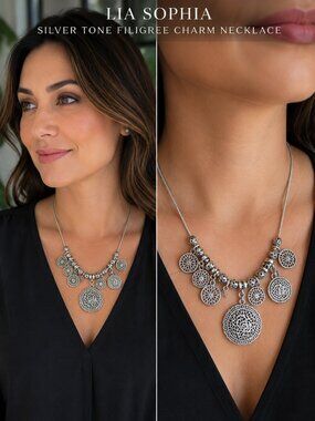 Lia Sophia Silver Tone Filigree Charm Statement Necklace Adjustable
